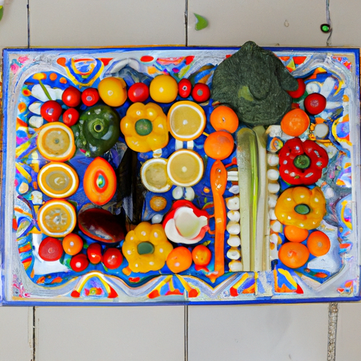 Suggestion: A colorful plate of vegetables and fruits arranged in a Mediterranean pattern.