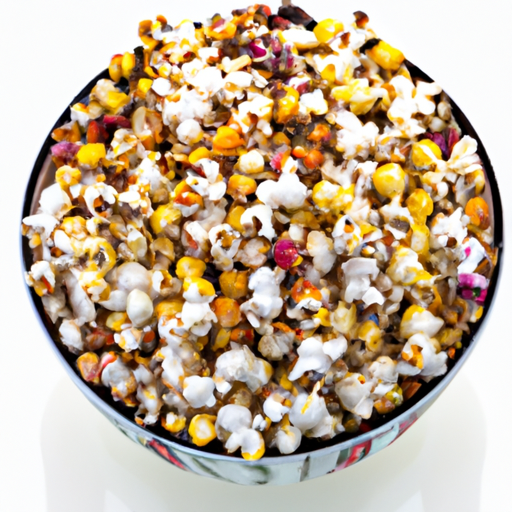 A bowl of popcorn with multicolored kernels, arranged in a circular pattern.