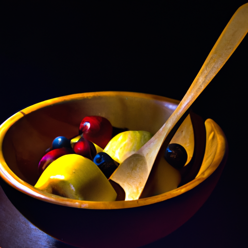 A bowl of fruit with a wooden spoon next to it.