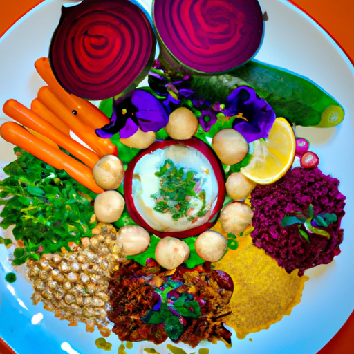 A plate of colorful, freshly-prepared food with ingredients arranged around it.