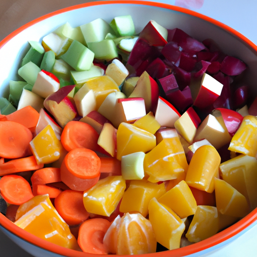 A bowl of colorful vegetables and fruits cut into small pieces.