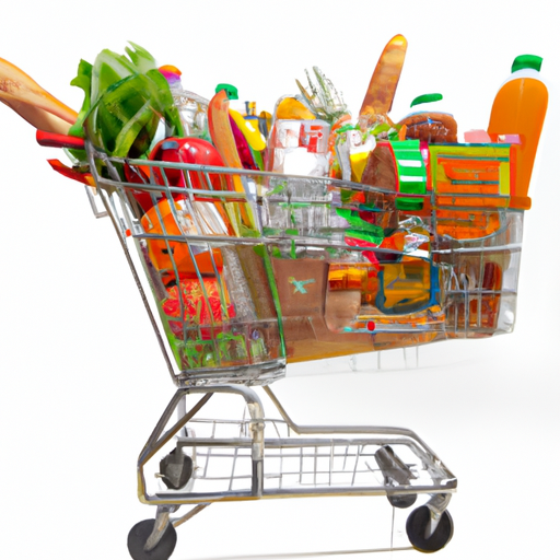 A shopping cart overflowing with groceries.