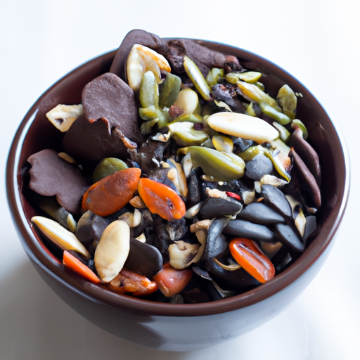 A bowl of trail mix and dark chocolate pieces with sunflower seeds and dried fruit.