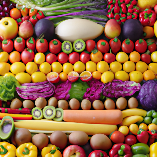 A colorful assortment of fresh fruits and vegetables arranged in a rainbow pattern.