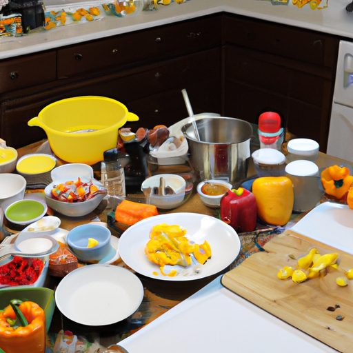 A large kitchen table full of colorful ingredients and utensils.