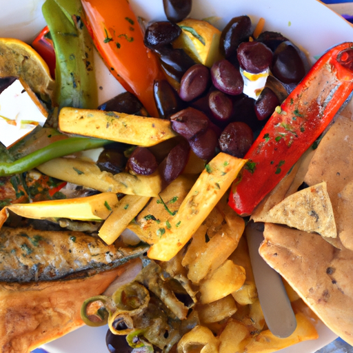 A plate of traditional Mediterranean food with bright colors and a variety of ingredients.