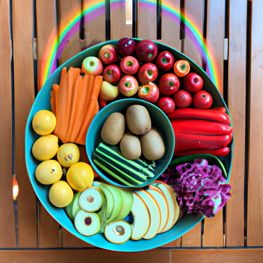 A bowl of colorful fruits and vegetables arranged in a rainbow pattern.