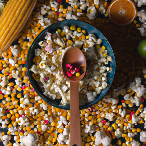 A bowl of popcorn with a spoon on top of it surrounded by different colored fruits and vegetables.