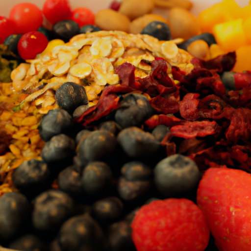 A colorful plate of fruits, vegetables, and grains.