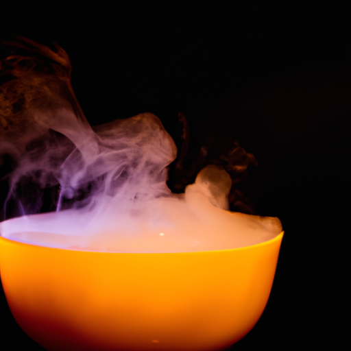 A bowl of red and orange liquid with steam rising from the surface.