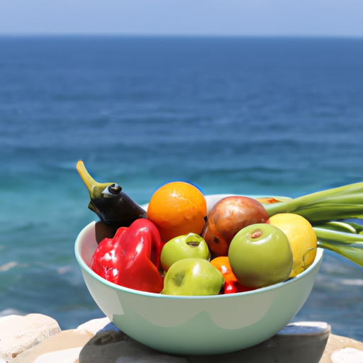 A bowl of fresh vegetables and fruits with a bright blue sea in the background.