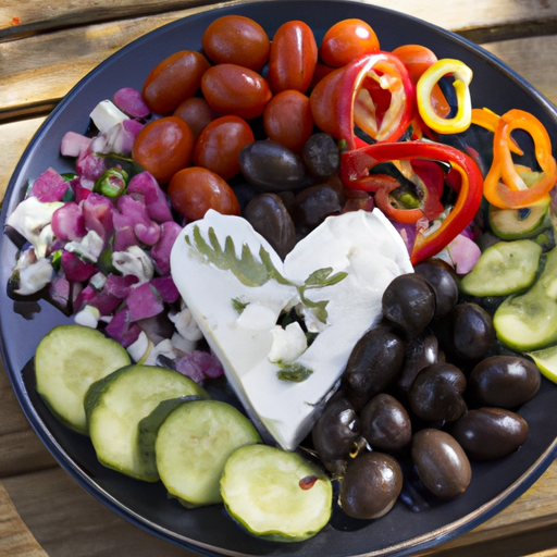 A plate of colorful vegetables, olives, and feta cheese in the shape of a heart.