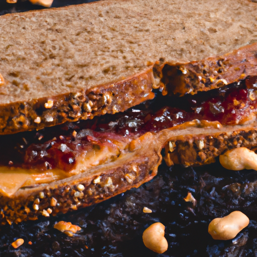 A close-up of a freshly-made PB&J sandwich on whole grain bread, with ingredients spilling out of the sides.