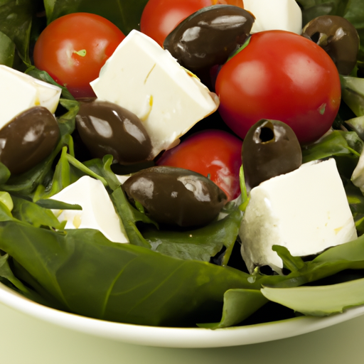 A bowl of fresh olives, tomatoes, and feta cheese on a bed of dark green lettuce.