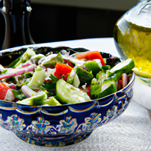 An image of a bowl of freshly prepared Mediterranean-style salad with vegetables and olive oil.