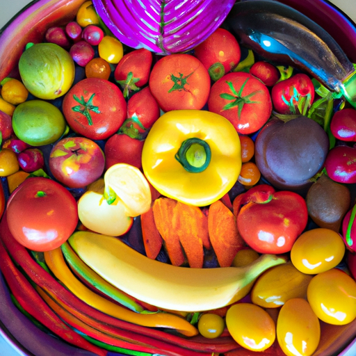 A bowl of colorful, fresh vegetables and fruits arranged in a rainbow pattern.