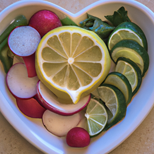 A plate of colorful vegetables with a heart-shaped slice of lemon on top.